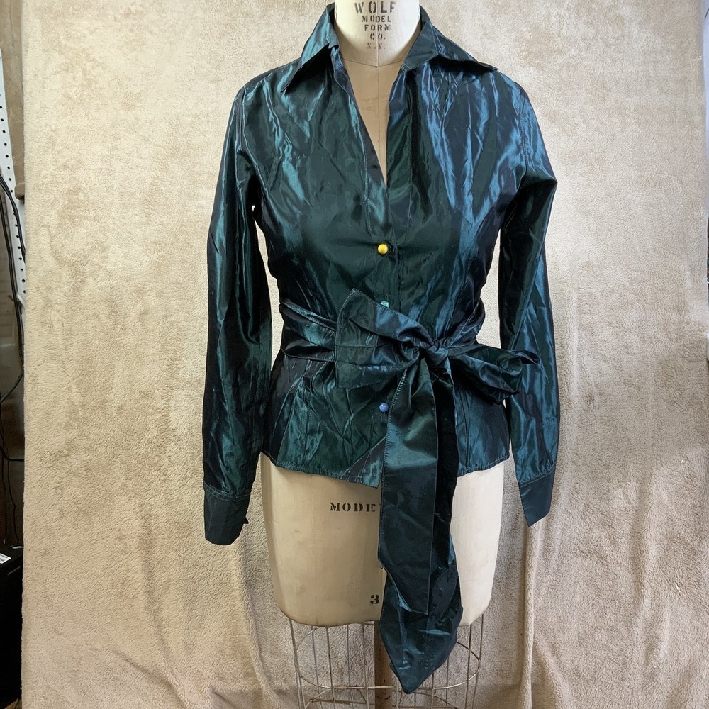 Silvia Tcherassi Silk Wrap Top Sz 10 Teal Holiday Cocktail Party Statement EUC
